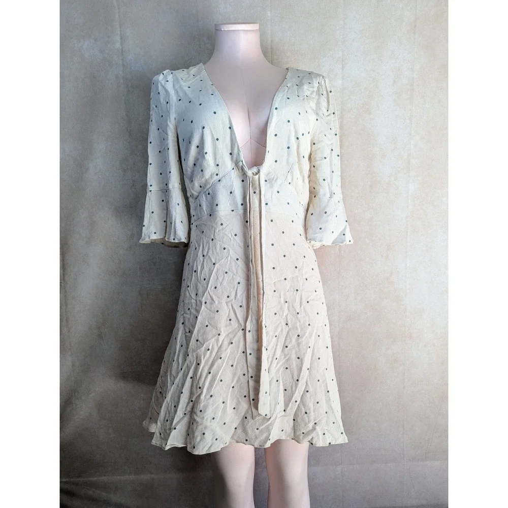 Free People Womens Dress Size 4 Beige Polka‎ Dot V-Neck Side Zip Sundress Summer